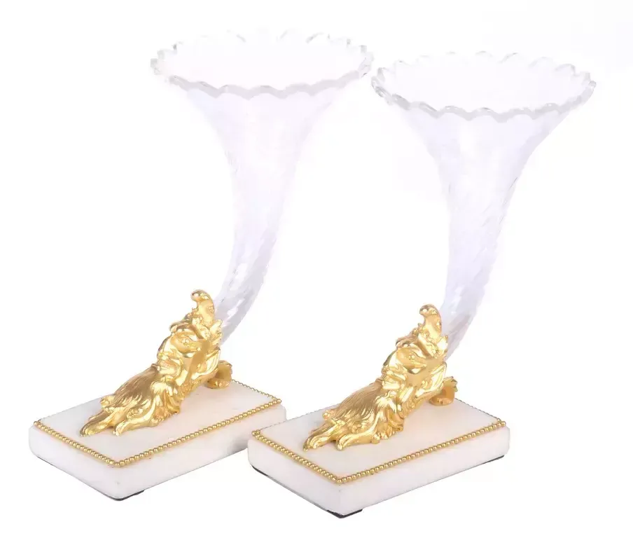 Trumpet Shaped Glass Vases On A Marble Base With Gilded Bronze (Pair) photo for sale