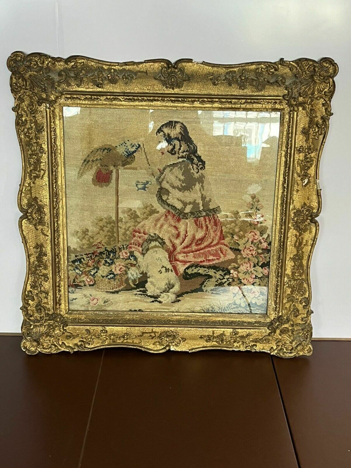 Georgian Embroidery/ Tapestry In Gold Gilt Frame. photo for sale
