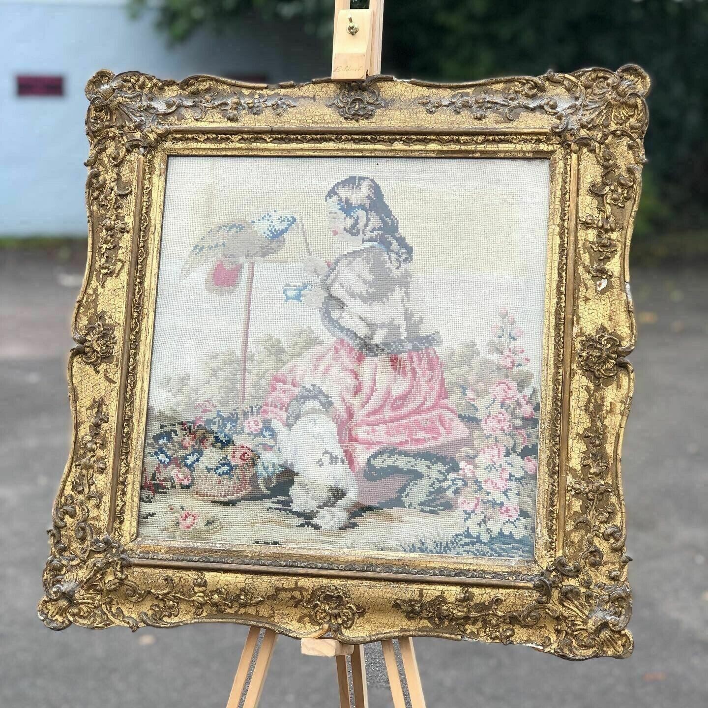 Georgian Embroidery/ Tapestry In Gold Gilt Frame. photo vintage