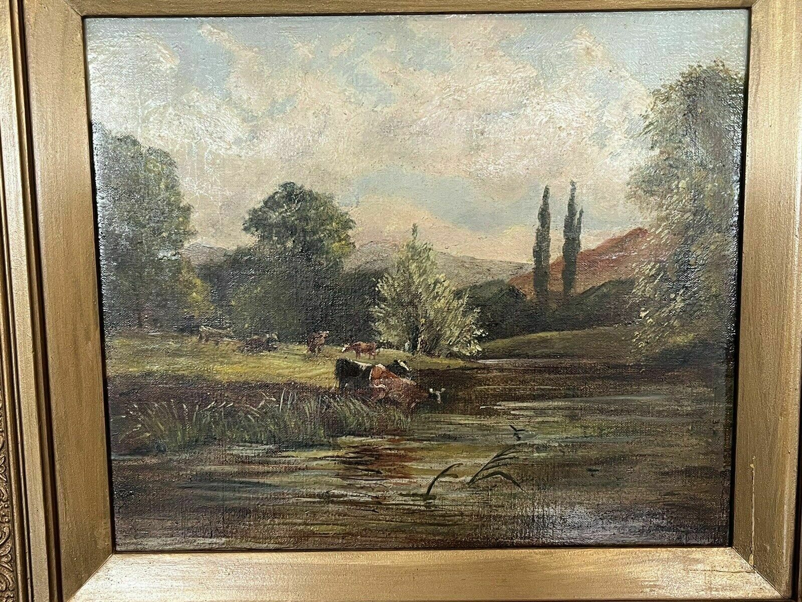 Antique Oil Painting. Oil On Board In Gilt Frame. Cattle Scene photo furniture