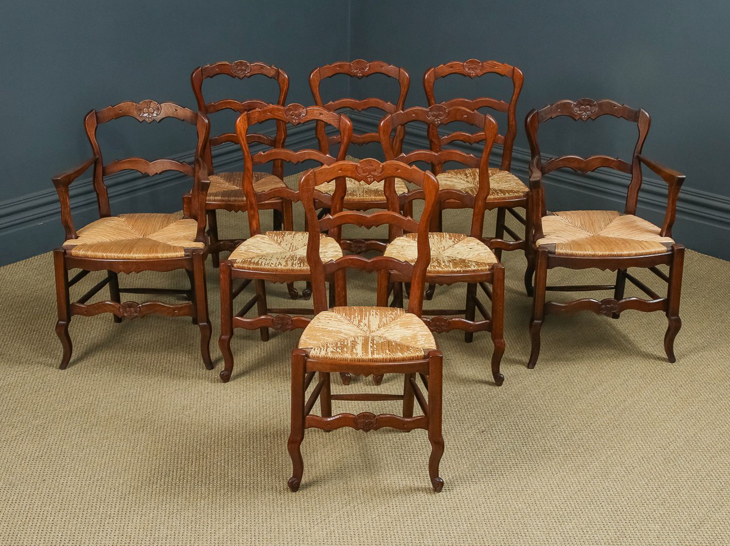 French Set Of 8 Eight Louis XV Style Oak Ladder Back Rush Seat Kitchen Dining Chairs (Circa 1920)