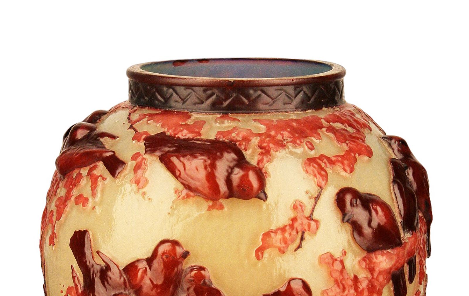 1900s Art Nouveau Bulbous Frosted Soufflé Glass Vase With Trees And Birds By Muller Frères Lunéville, France photo for sale