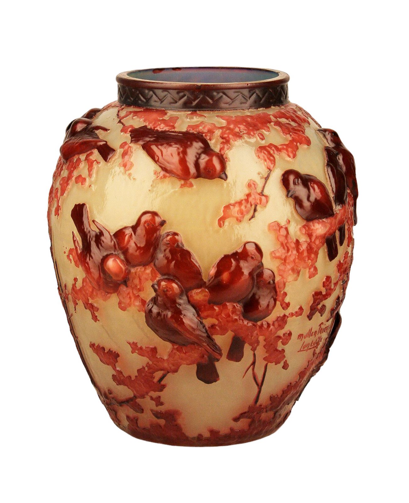 1900s Art Nouveau Bulbous Frosted Soufflé Glass Vase With Trees And Birds By Muller Frères Lunéville, France