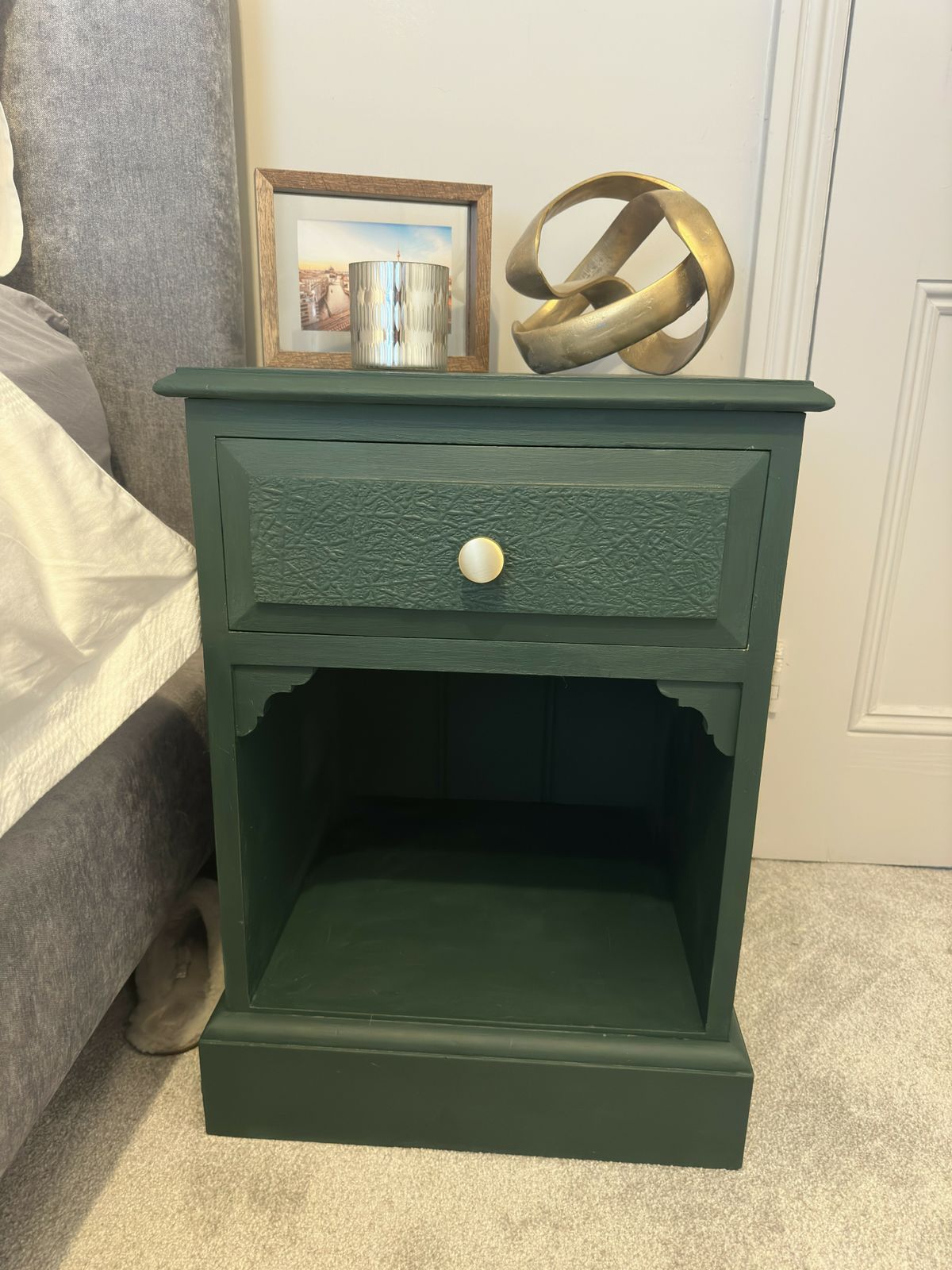 Solid Wood Bedside Tables   Hand Painted In Annie Sloan Amsterdam Green, Gold Handles photo for sale
