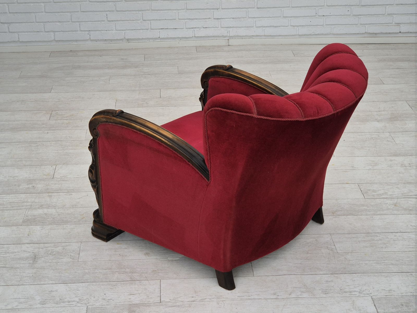Ca. Jaren 1950, Deense Fauteuil Met Voetenbank, Meubelvelours, Essenhout. photo buy