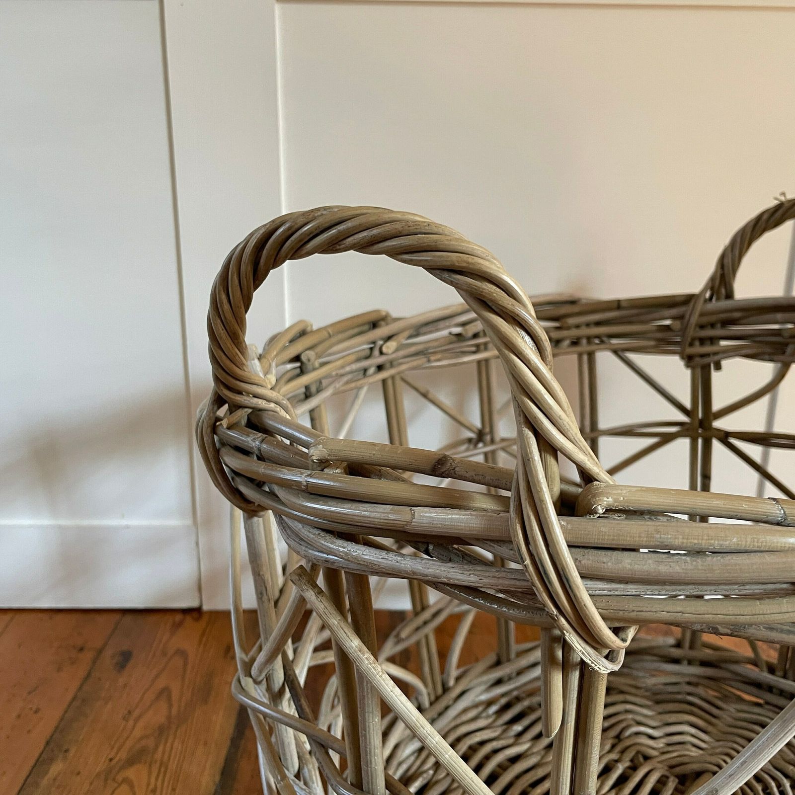 Antique French Oval Basket Woven Wicker Brown Storage Log Wooden Handles Vintage Round Wood Brown Cottage Farmhouse Bin Large Open Weave photo buy