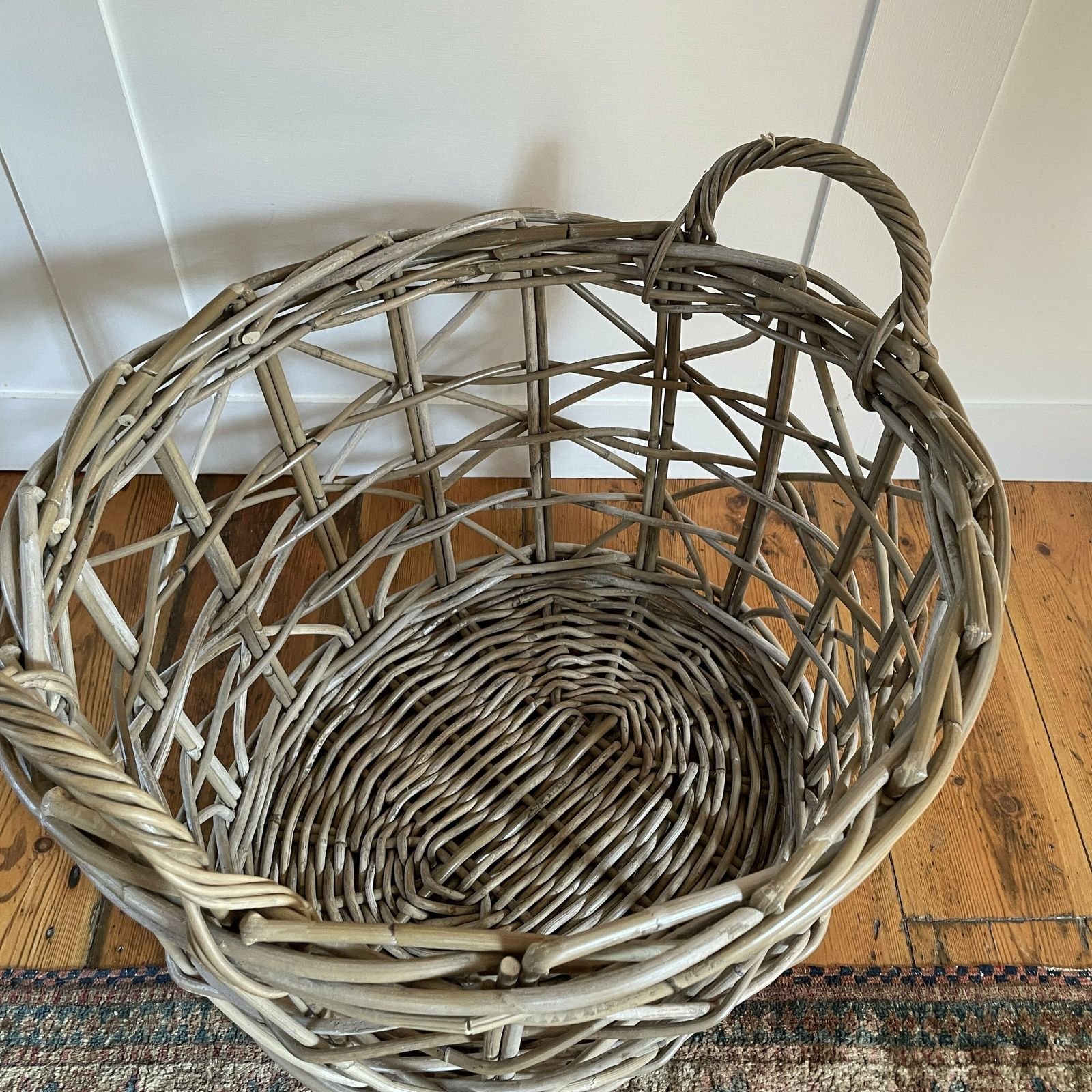 Antique French Oval Basket Woven Wicker Brown Storage Log Wooden Handles Vintage Round Wood Brown Cottage Farmhouse Bin Large Open Weave photo vintage