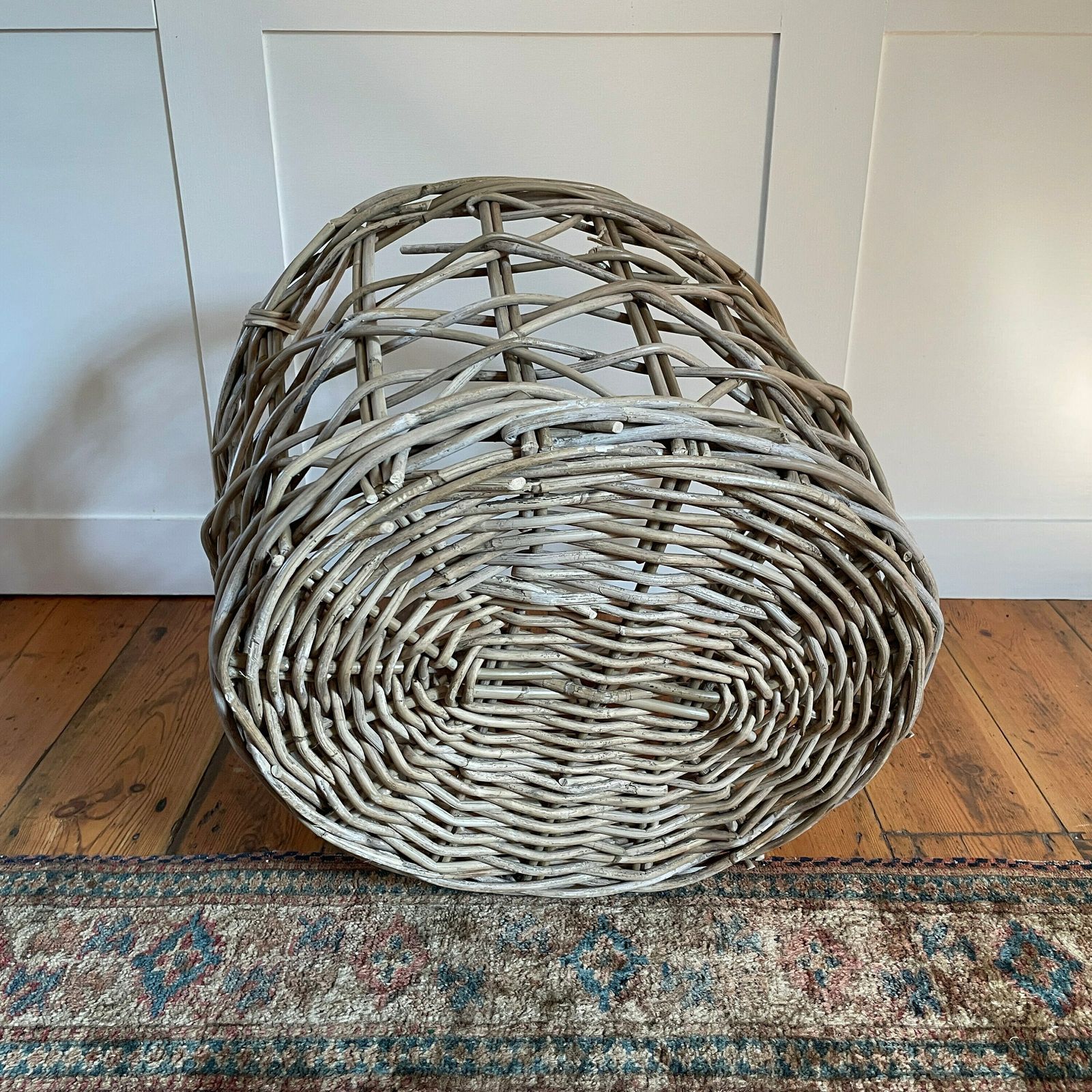 photo furniture Antique French Oval Basket Woven Wicker Brown Storage Log Wooden Handles Vintage Round Wood Brown Cottage Farmhouse Bin Large Open Weave