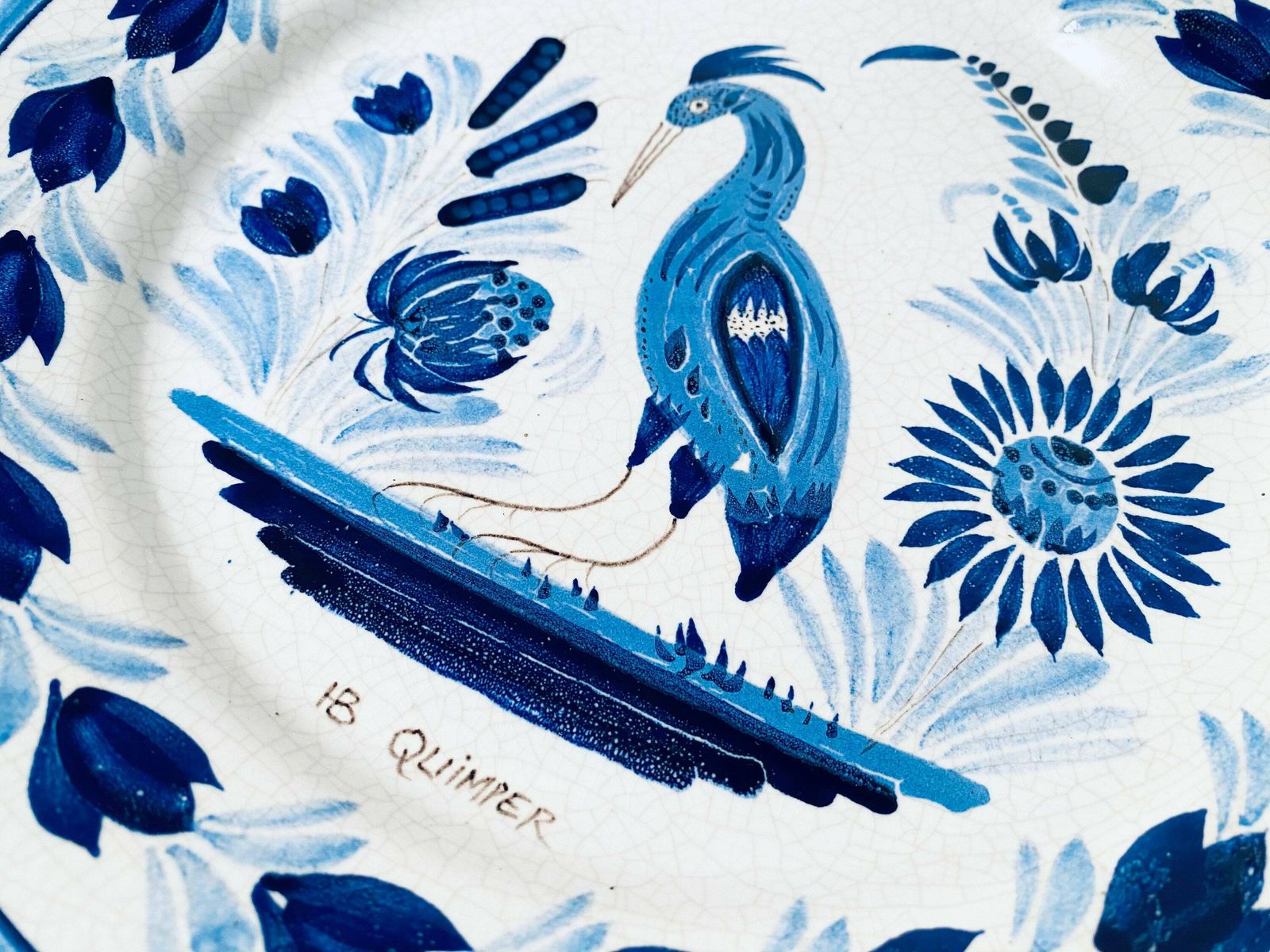 Ib Quimper Bird Of Paradise Motif Round Ceramic Wall Plate / Vintage French Decor photo 76.0