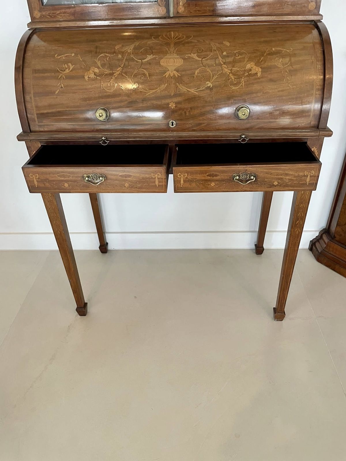 Furniture Fine Quality Antique 19th Century Mahogany Inlaid Cylinder Bookcase photo