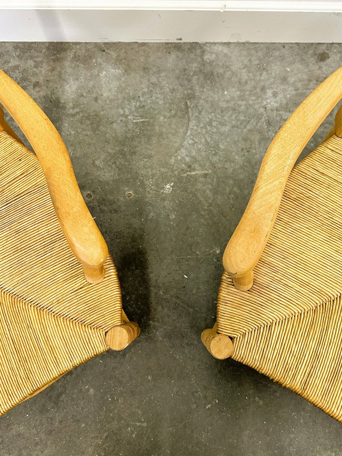 Pair Of French Provencal Radassier Beech Chairs And Ottoman, With Rush Seating. 1970s. photo furniture