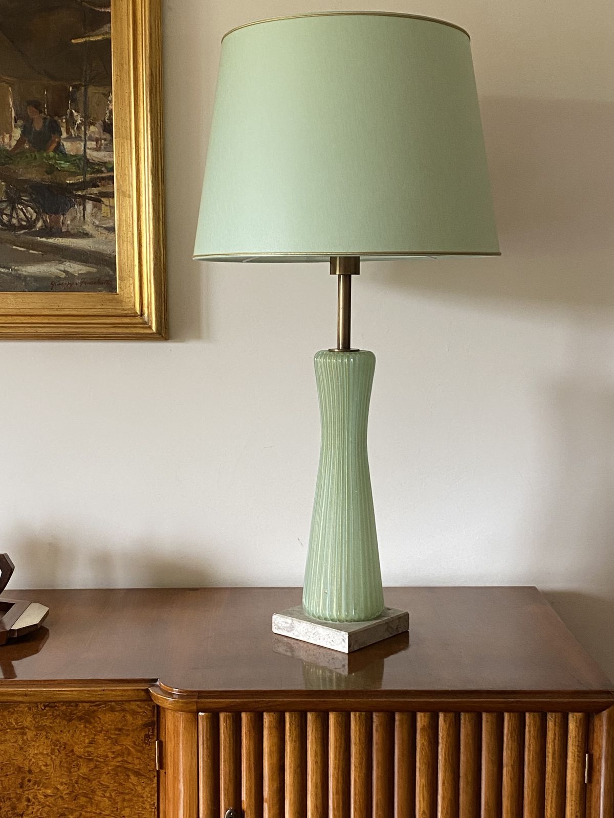 Mid Century Modern Green Murano Glass Table Lamp, Barovier & Toso Italy, 1940s photo Lighting