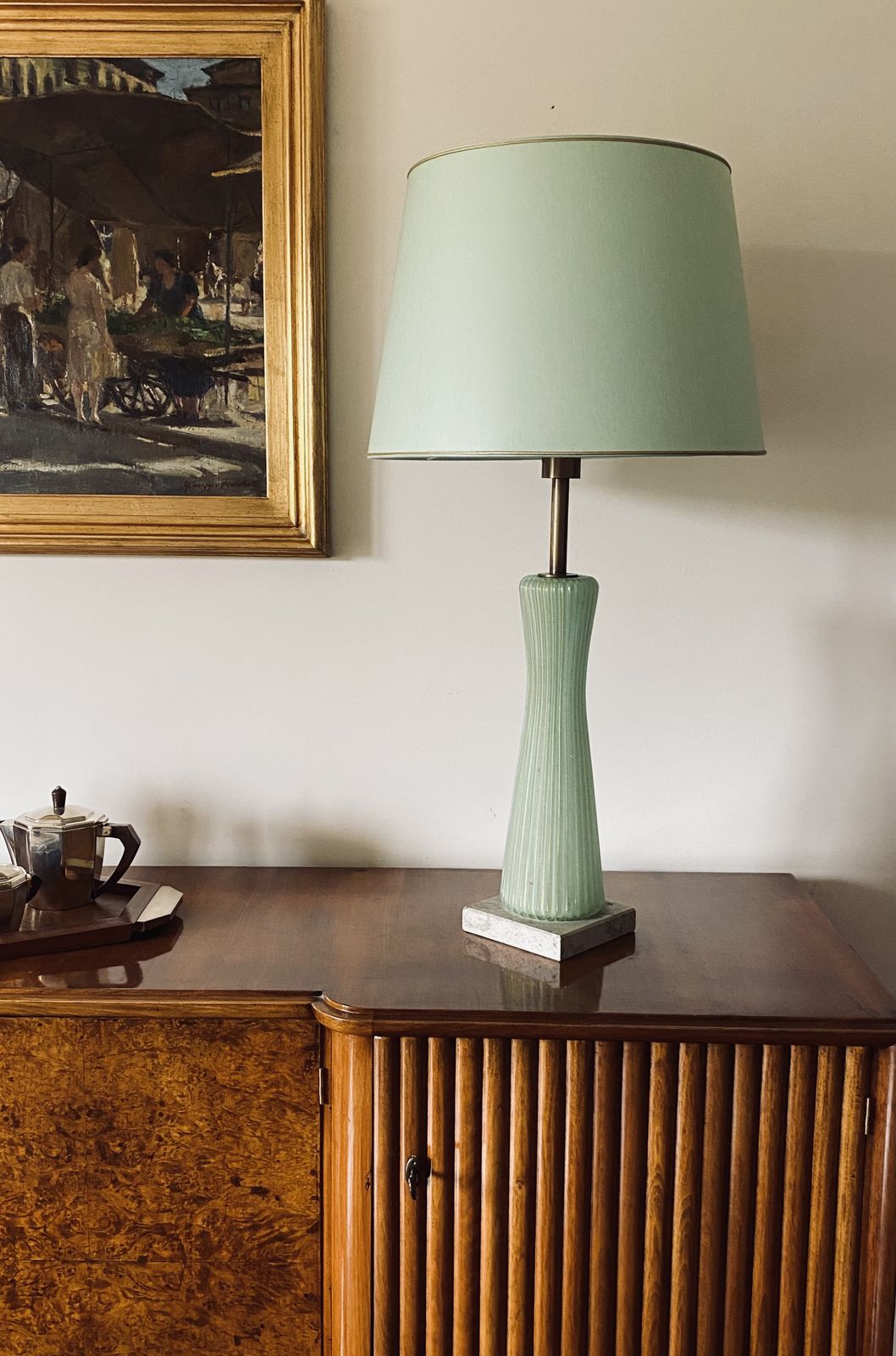 1700.0 Mid Century Modern Green Murano Glass Table Lamp, Barovier & Toso Italy, 1940s photo