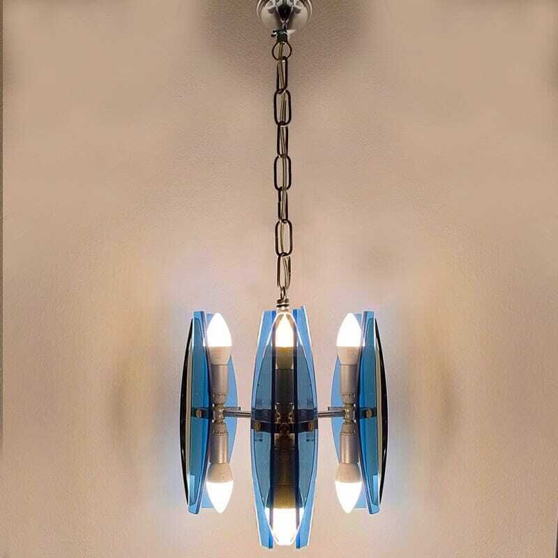 1970s Gorgeous Blue And Smoked Glass Pendant Lamp By Veca. Made In Italy photo vintage