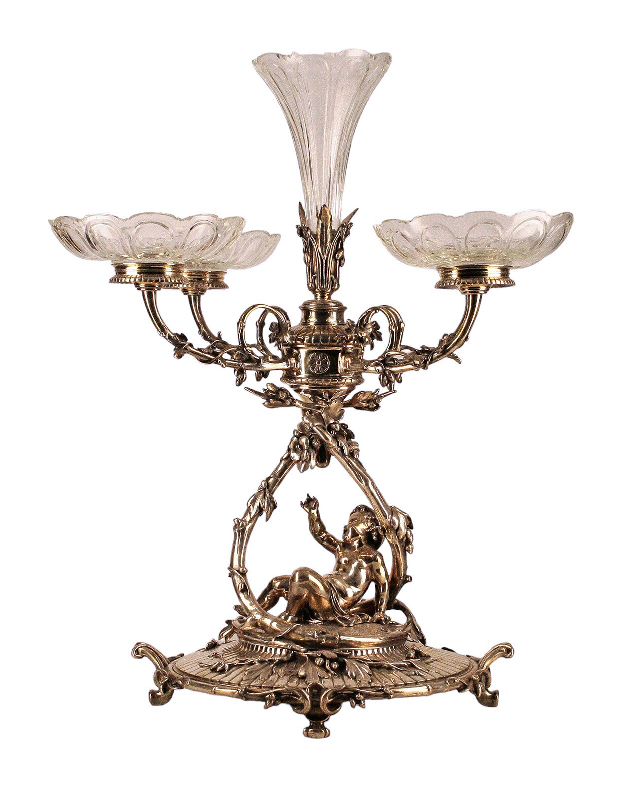 19th Century Christofle Rococo Silvered Metal Large Decorative Epergne Centerpiece Of Reclining Child With Baccarat Cut Crystal Compote Bowls, France