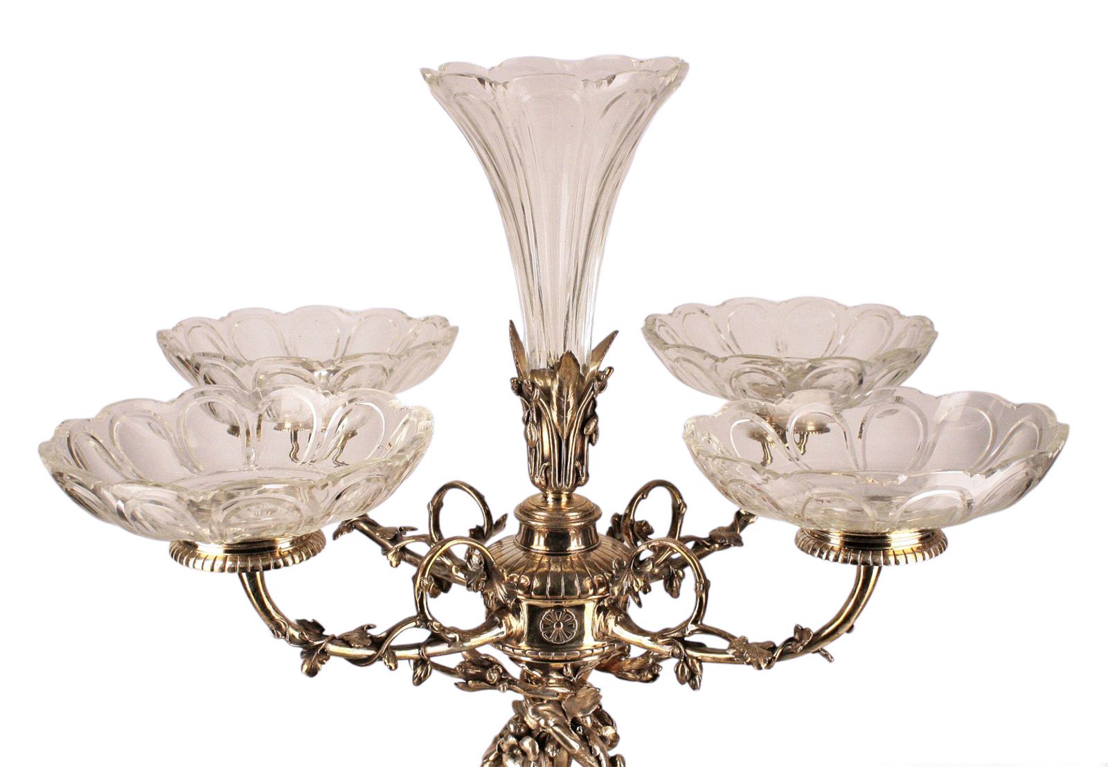 19th Century Christofle Rococo Silvered Metal Large Decorative Epergne Centerpiece Of Reclining Child With Baccarat Cut Crystal Compote Bowls, France photo for sale