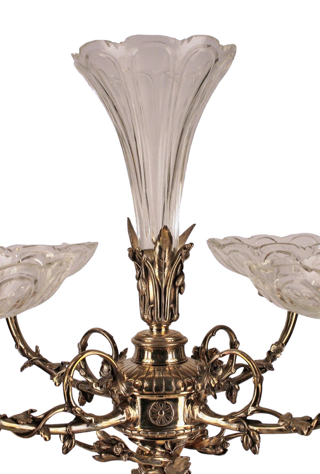19th Century Christofle Rococo Silvered Metal Large Decorative Epergne Centerpiece Of Reclining Child With Baccarat Cut Crystal Compote Bowls, France photo Home Decor