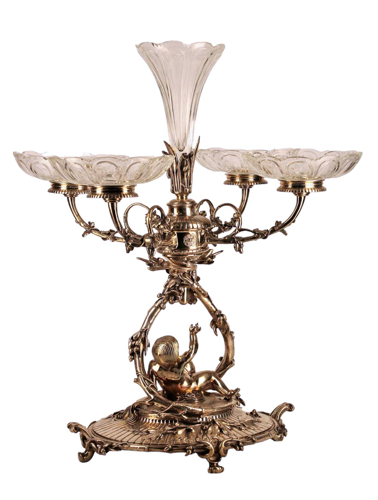 19th Century Christofle Rococo Silvered Metal Large Decorative Epergne Centerpiece Of Reclining Child With Baccarat Cut Crystal Compote Bowls, France photo vintage