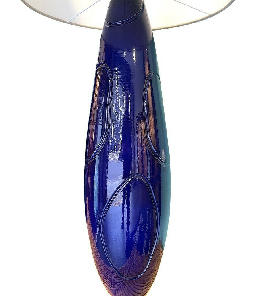 A Pair Of Italian 1980s Large Blue Ceramic And Brass Lamps, Rewired With With New Fittings. Shades Included And Dimensions Are With The Shades. photo vinterior