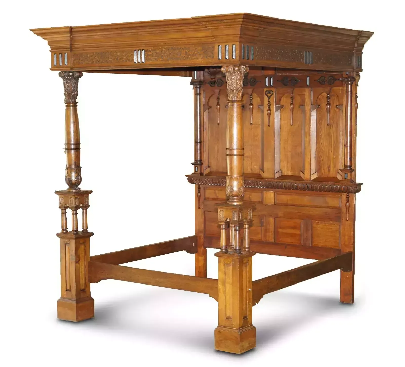 Monumental 3 Meter Emperor Antique Circa 1880 Carved English Burr Oak Tester Bed photo for sale