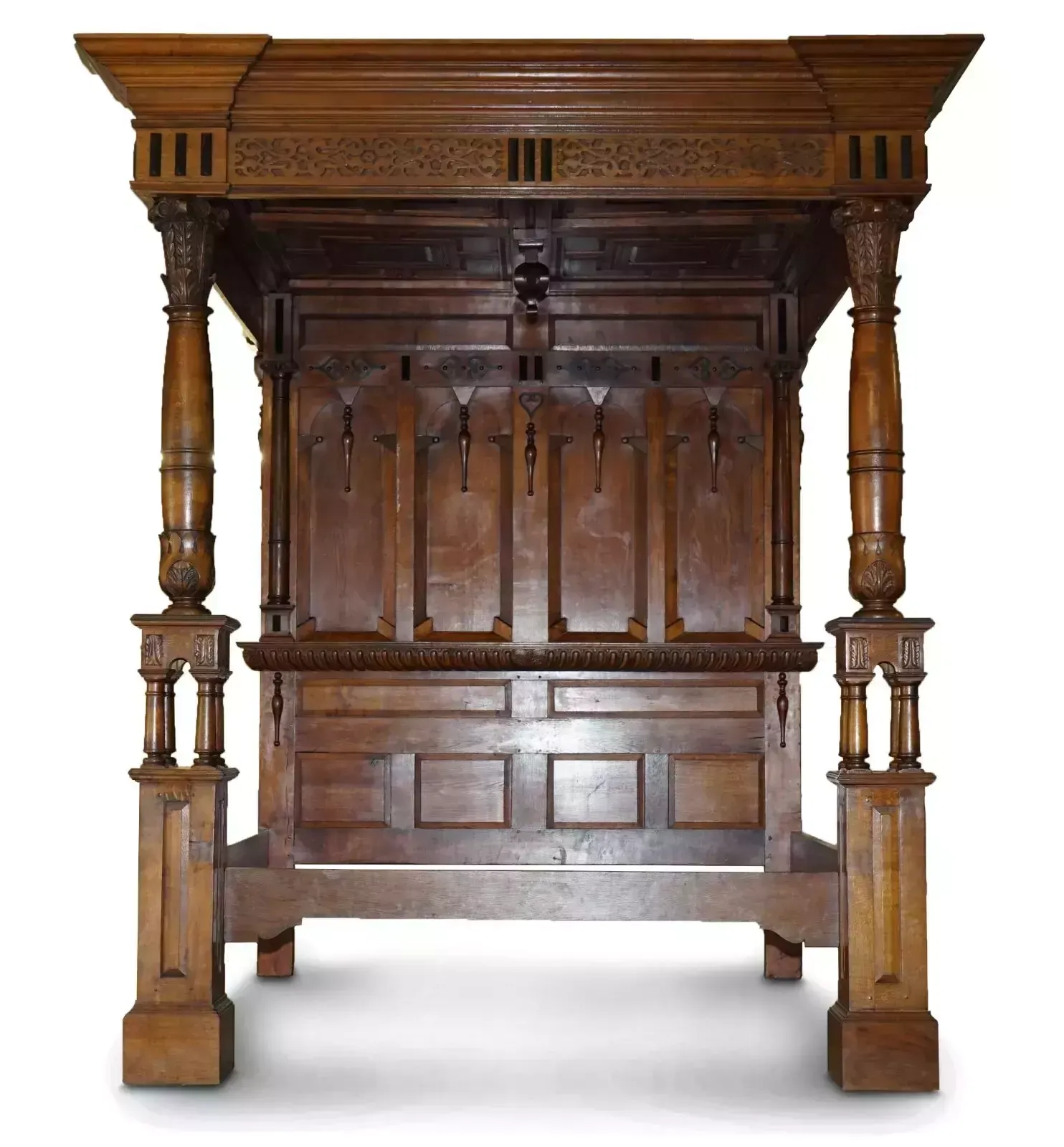 Monumental 3 Meter Emperor Antique Circa 1880 Carved English Burr Oak Tester Bed photo Furniture