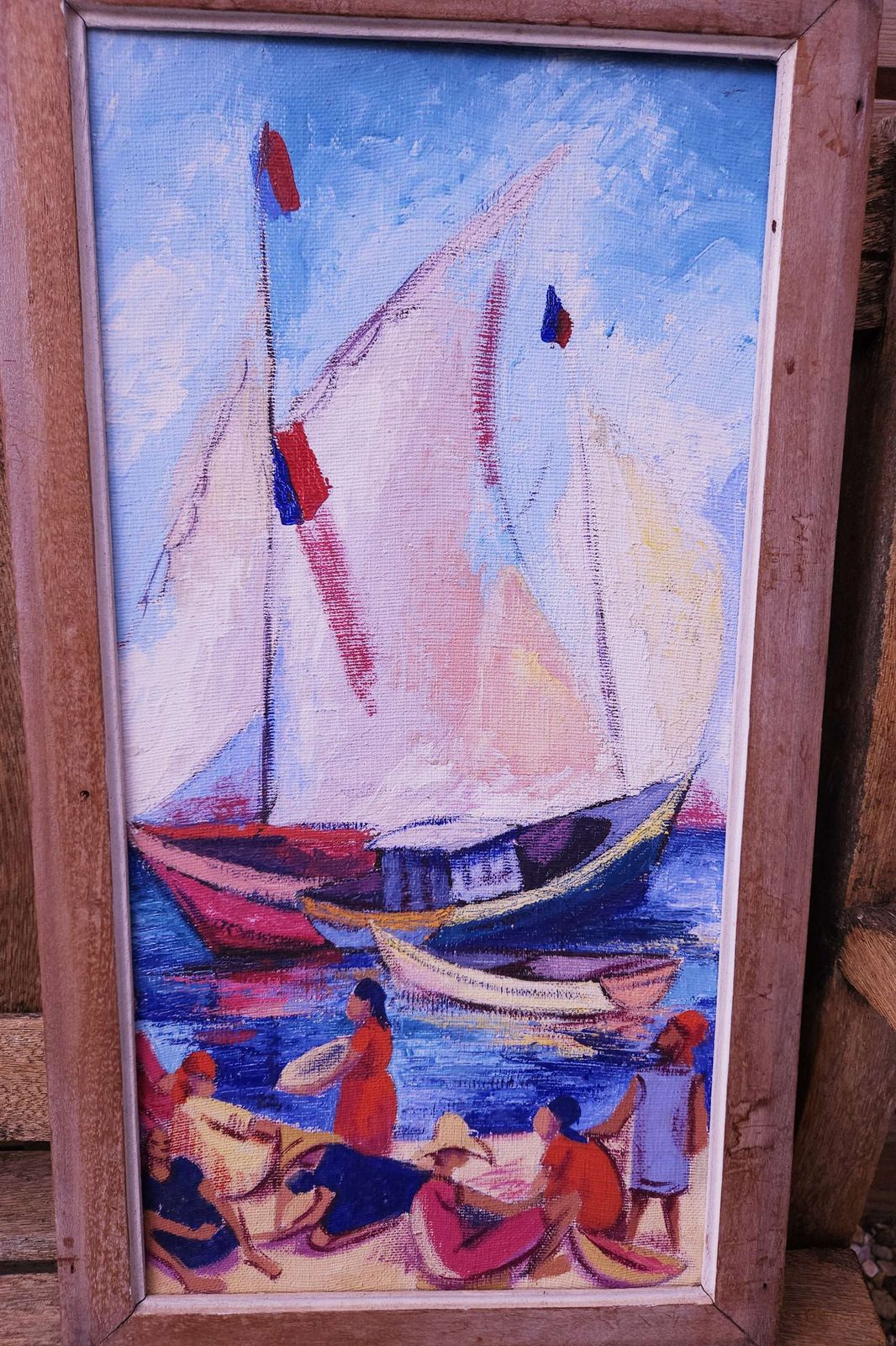 Colourful, Wood Framed Oil On Canvas Of Quayside Scene With Sailing Boats photo furniture