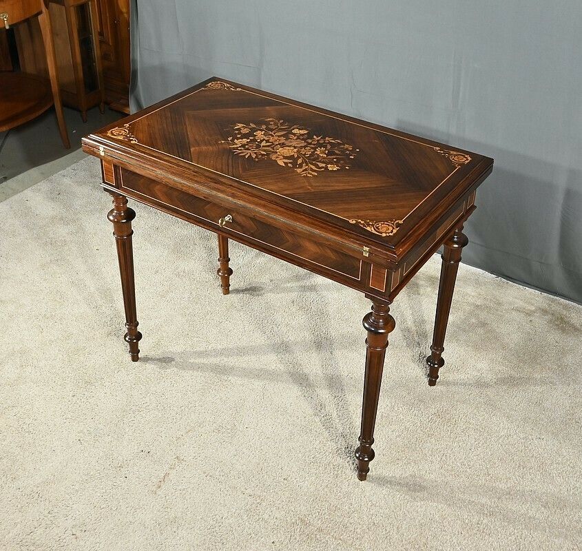 Marquetry System Table, Louis XVI Style – 2nd Half Of The 19th Century photo vintage