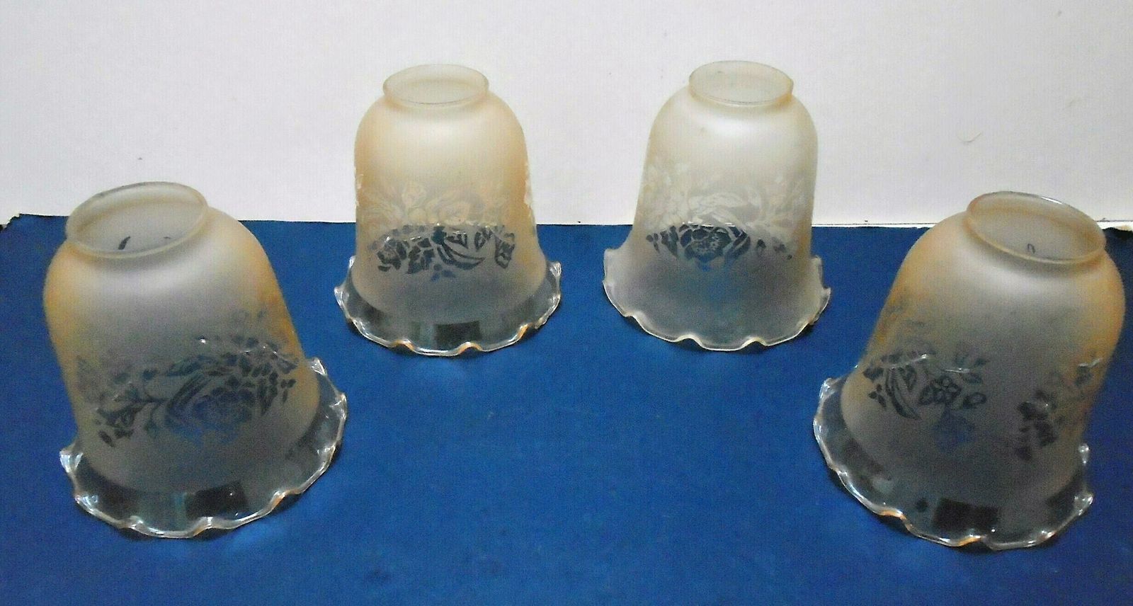 photo for sale 3 Vintage French Soft Peach Frosted Glass Etched Lamp Shades