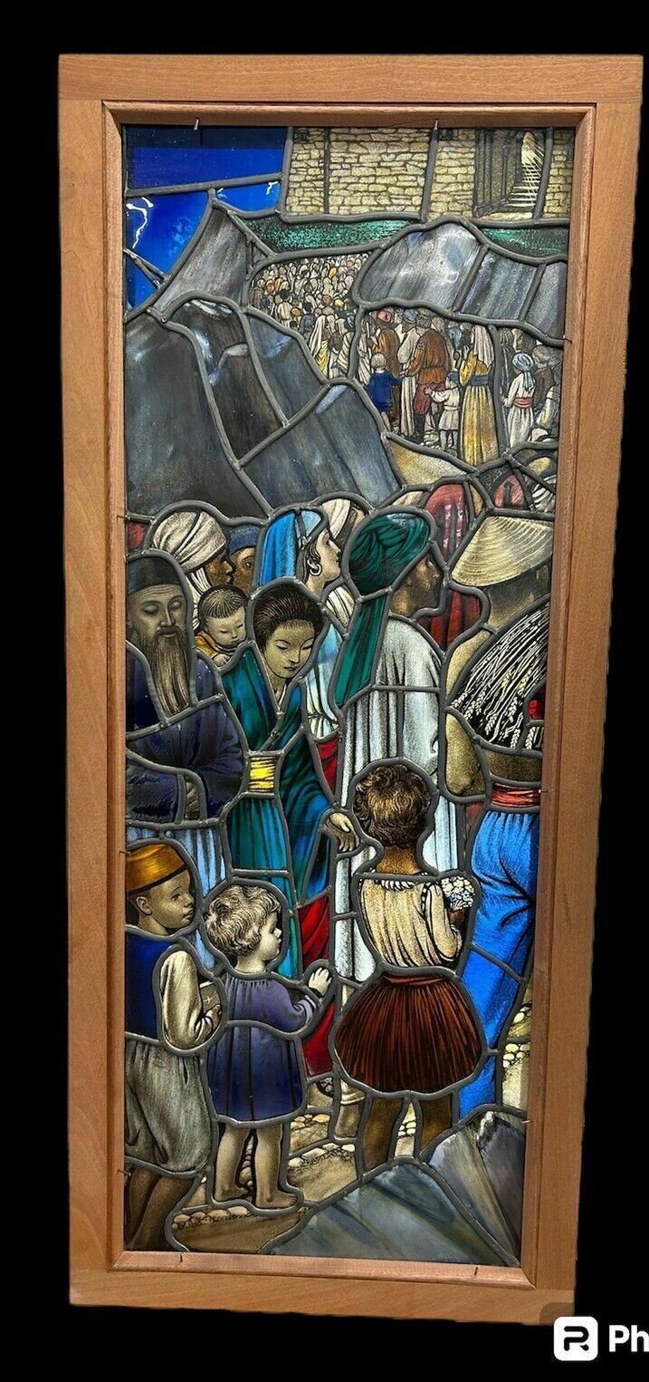 Victorian Stained Glass Hand Painted Rare Window Panel Old Restored Antique Lead photo furniture