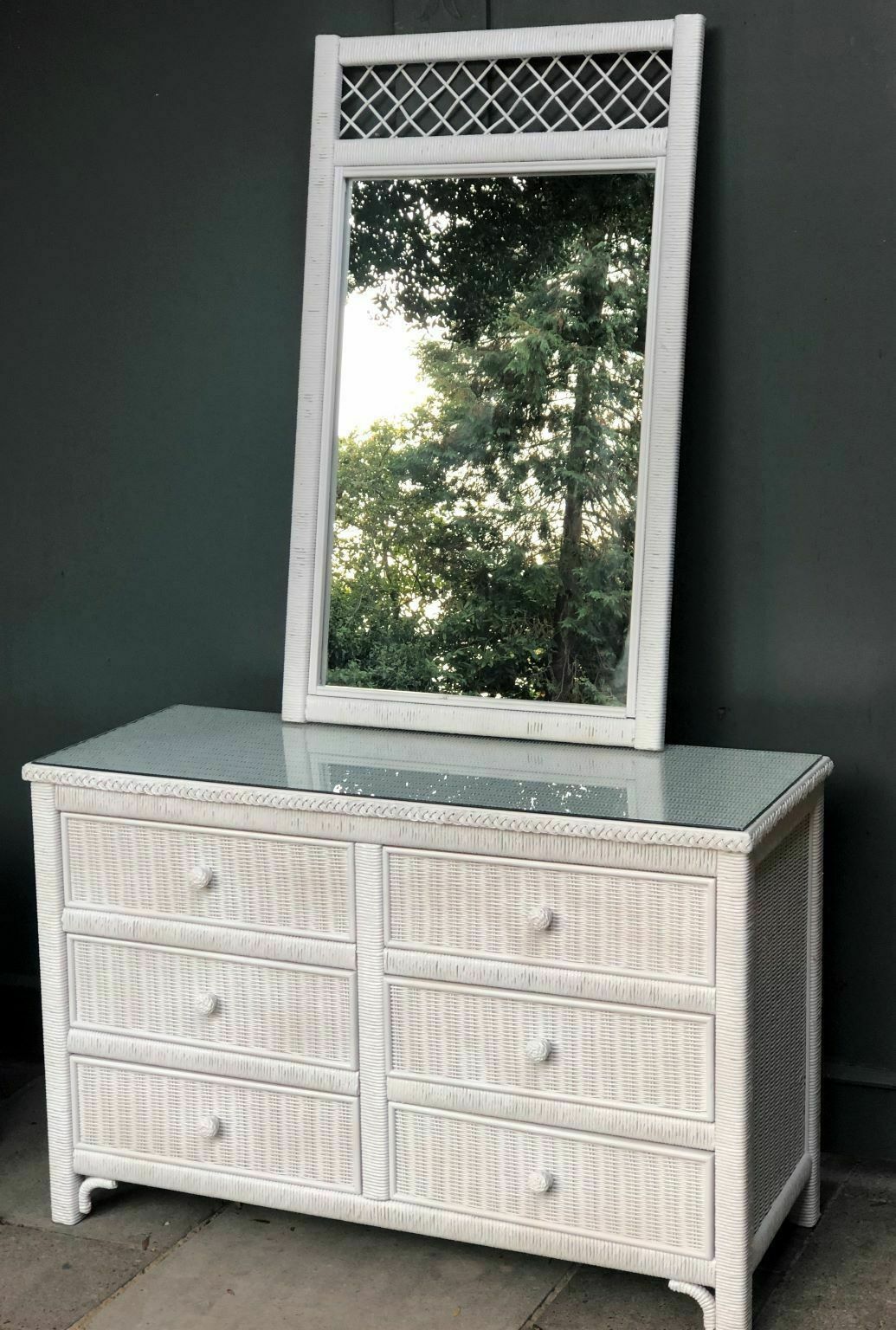 Mid Century Wicker Bedroom Suite Chest Of Drawers, Bedside Cabinets & Mirror By Henry Link, 1980s photo 2500.0