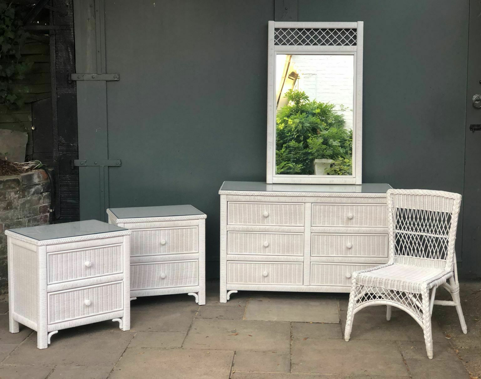 Mid Century Wicker Bedroom Suite Chest Of Drawers, Bedside Cabinets & Mirror By Henry Link, 1980s