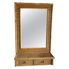 Mid Century Rattan & Cane Wall Mirror With Drawers, Italian, 1970s photo furniture