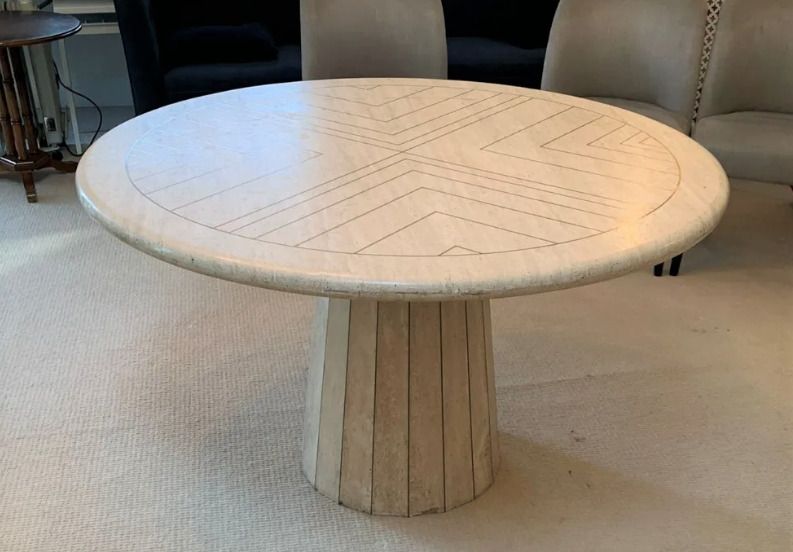 Willy Rizzo Mid Century Travertine Round Dining Table With Brass Inlay, Italian, 1970s photo for sale