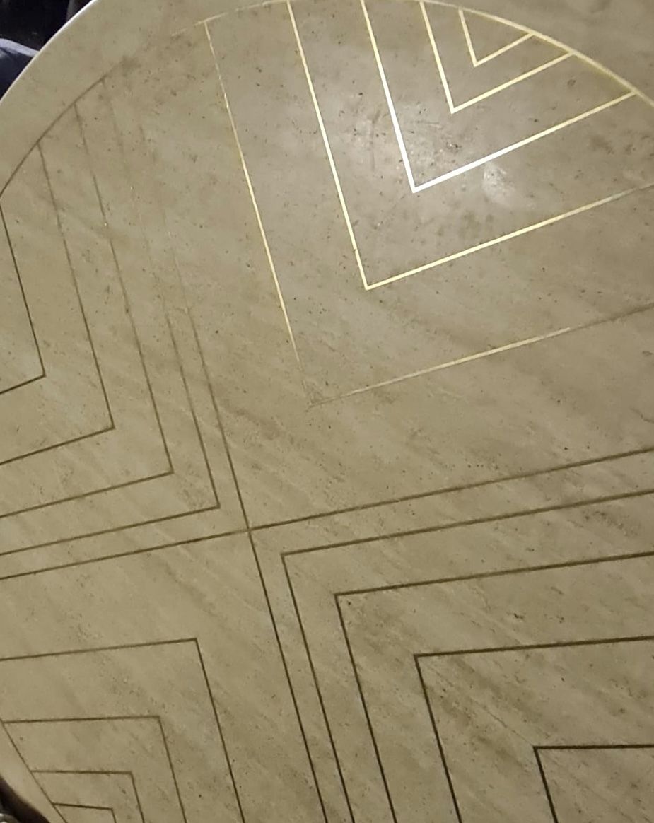 Willy Rizzo Mid Century Travertine Round Dining Table With Brass Inlay, Italian, 1970s photo vinterior