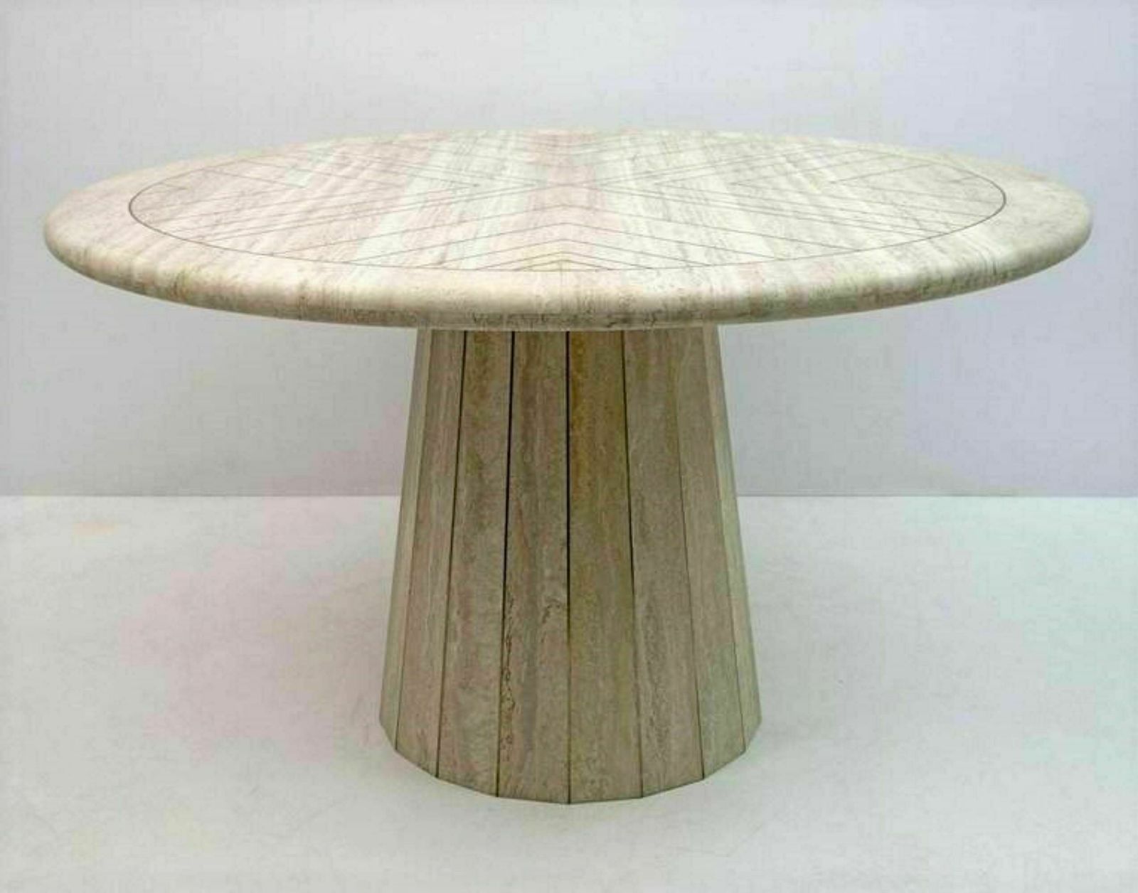 Willy Rizzo Mid Century Travertine Round Dining Table With Brass Inlay, Italian, 1970s photo vintage