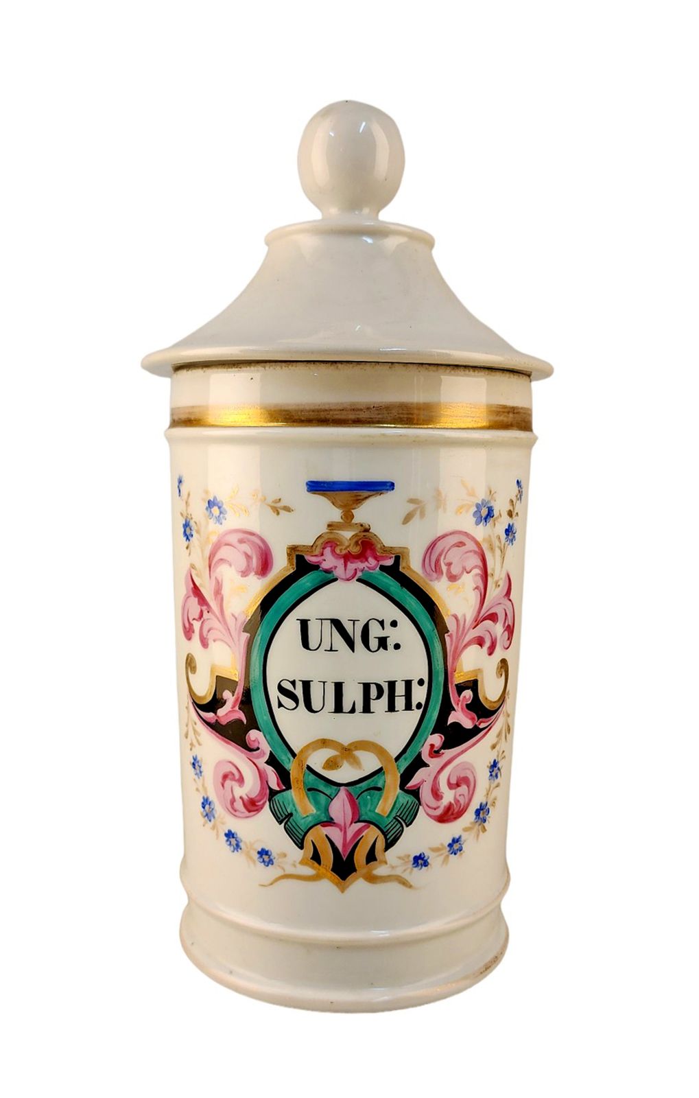 Late 18th Century French Glazed Porcelain Apothecary/Pharmacy Jar With Lid   'Ung: Sulph'
