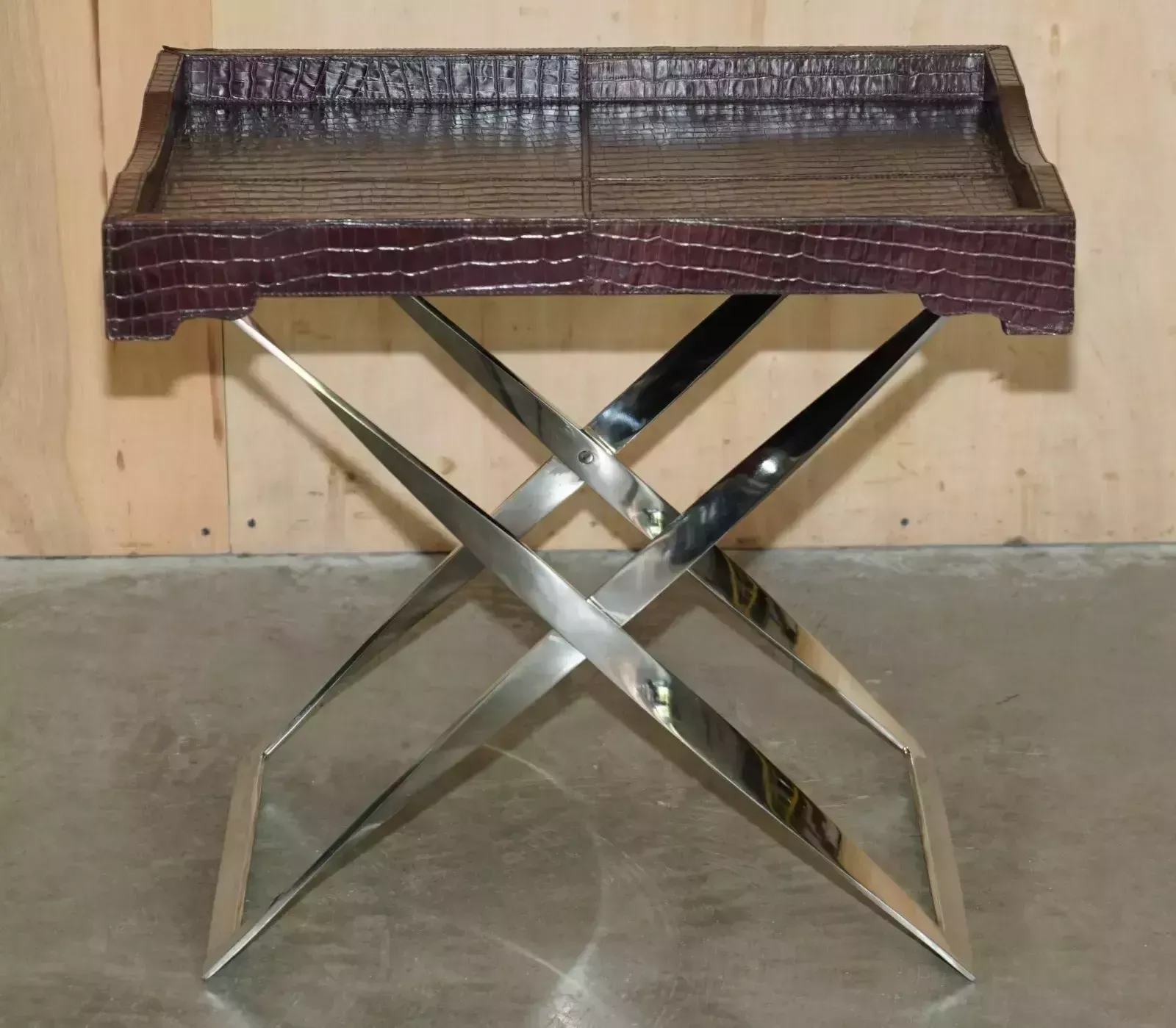 Stunning Vintage Crocodile Alligator Patina Leather Folding Chrome Tray Table photo for sale