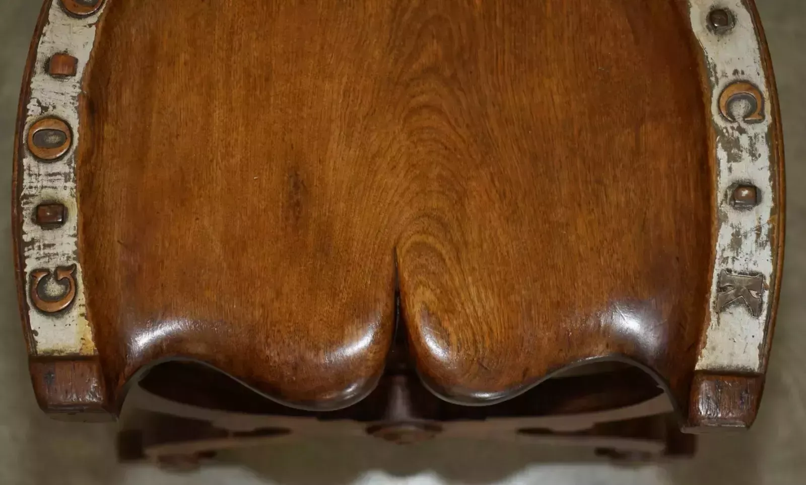 Sublime Antique Victorian Hand Carved English Oak "Good Luck" Horse Shoe Stool photo vintage