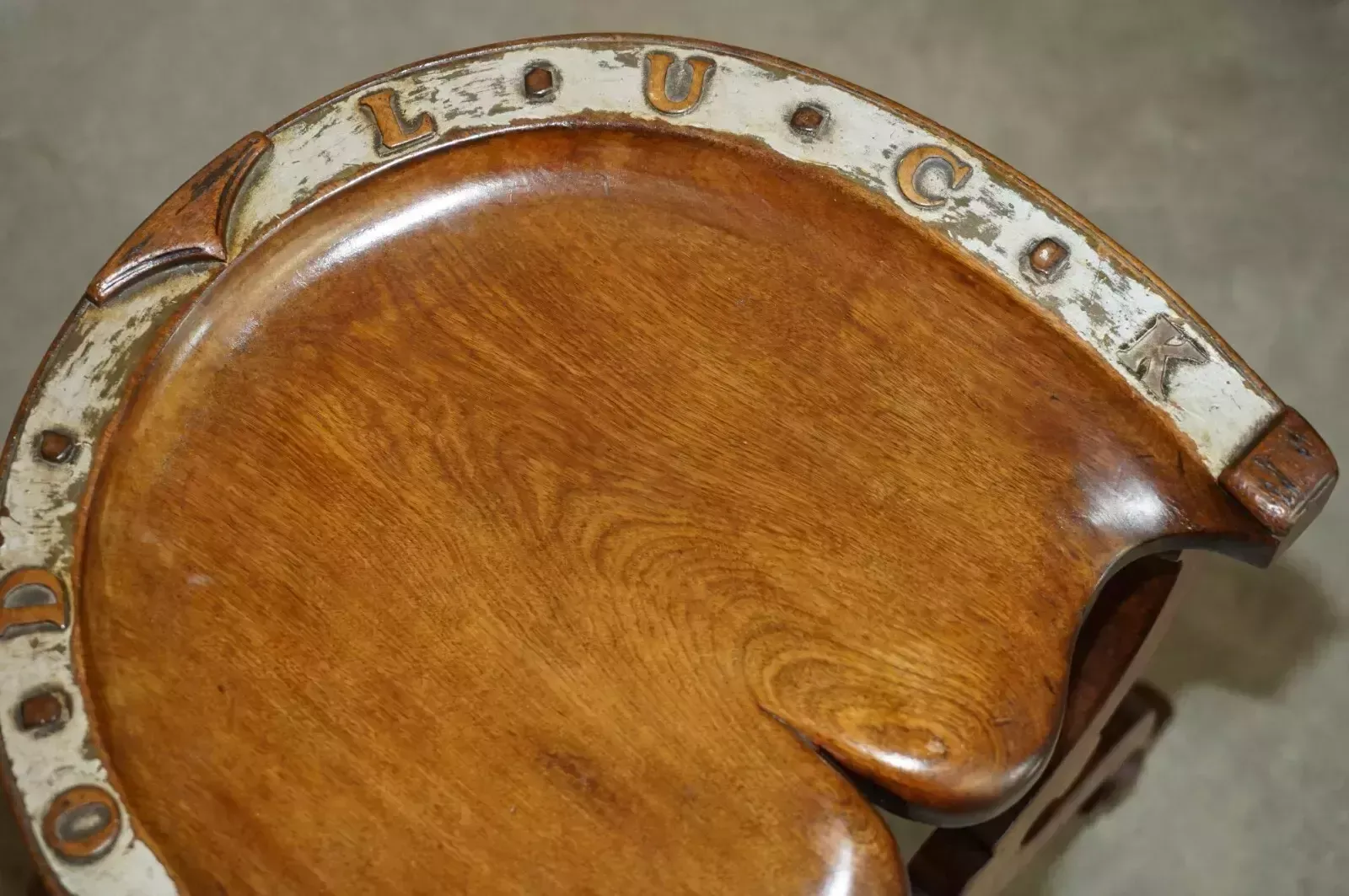 photo for sale Sublime Antique Victorian Hand Carved English Oak "Good Luck" Horse Shoe Stool