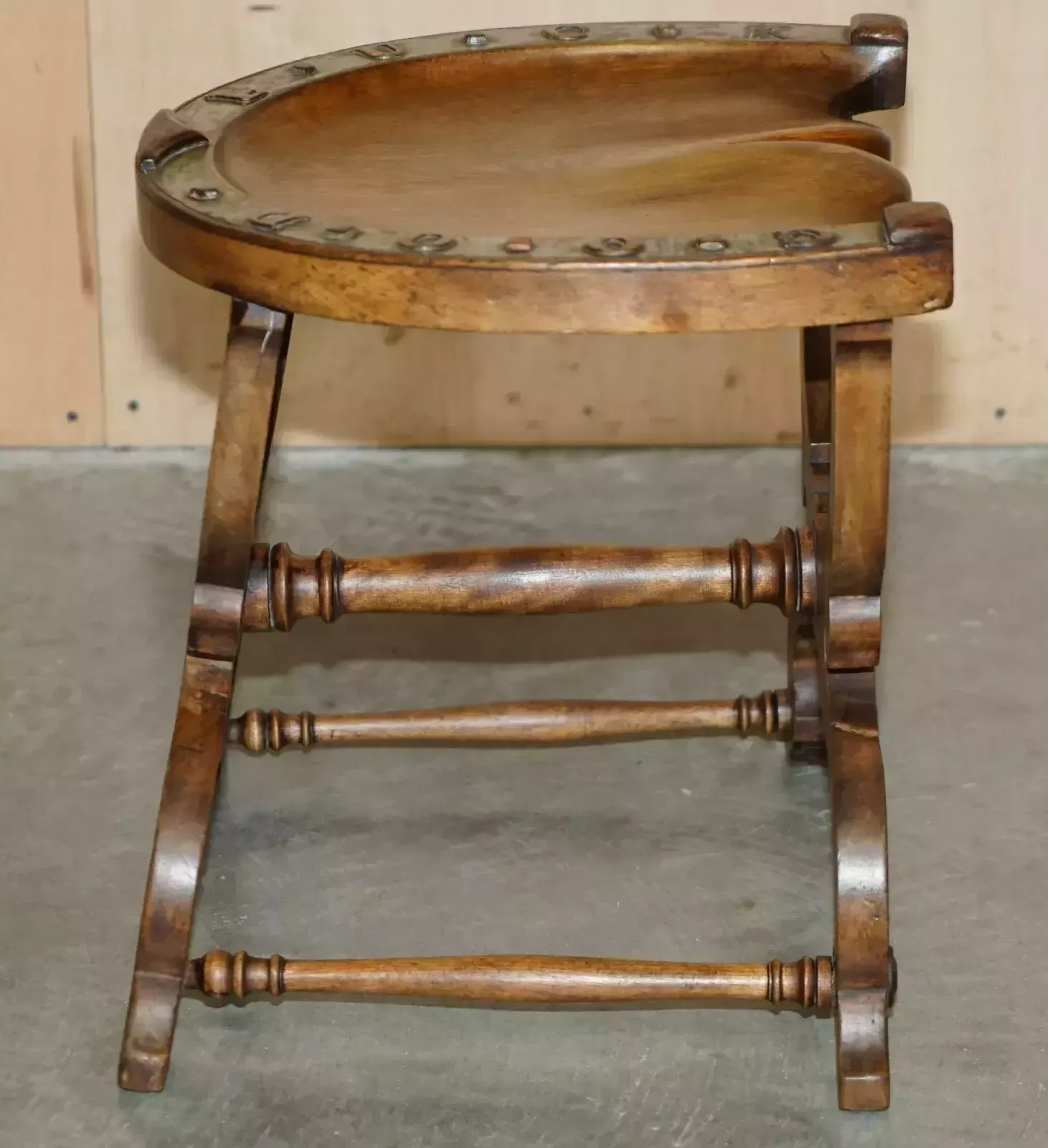 Furniture Sublime Antique Victorian Hand Carved English Oak "Good Luck" Horse Shoe Stool photo