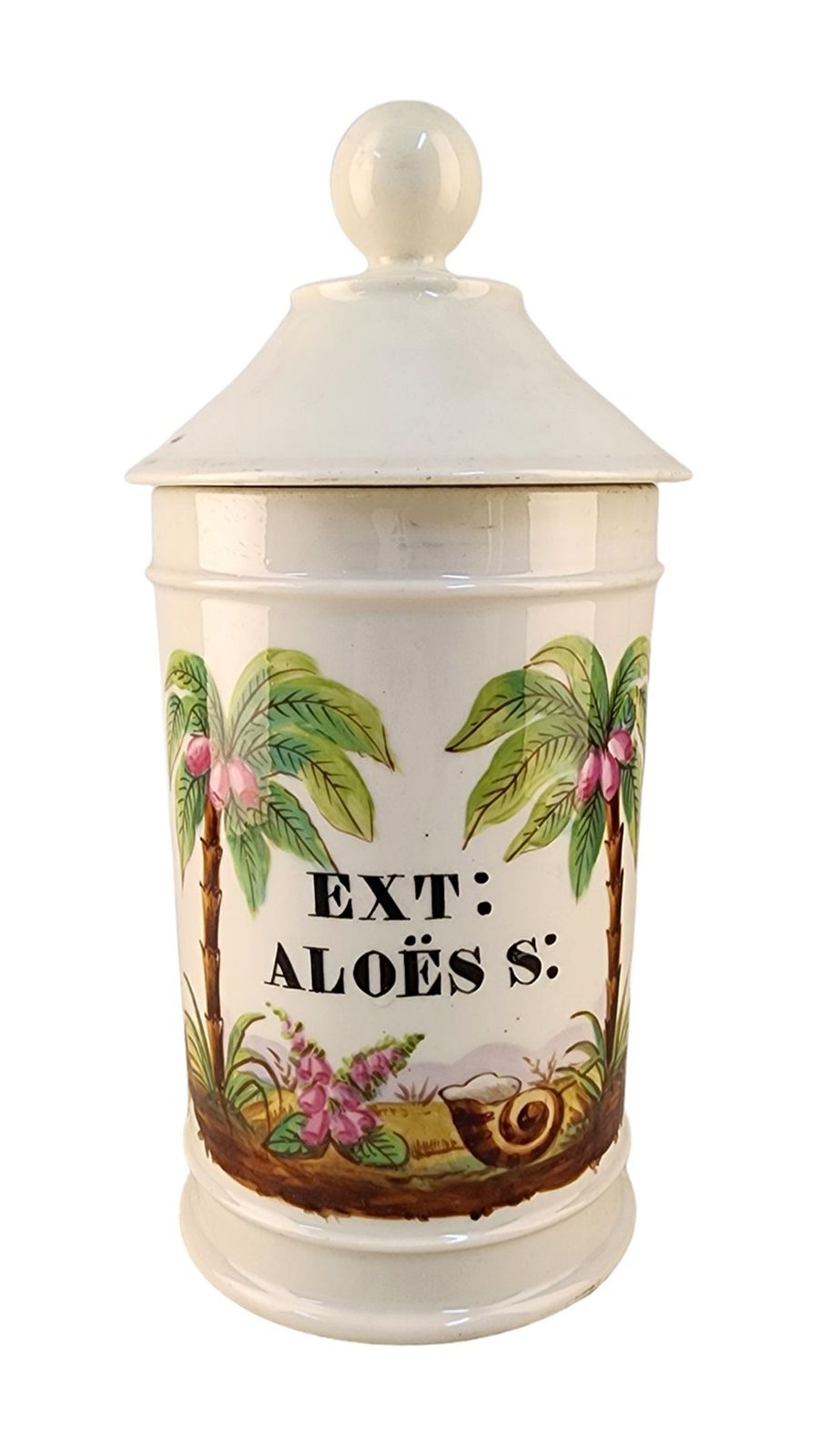 Late 18th Century French Glazed Porcelain Apothecary/Pharmacy Jar With Lid   'Ext: Aloës S:'