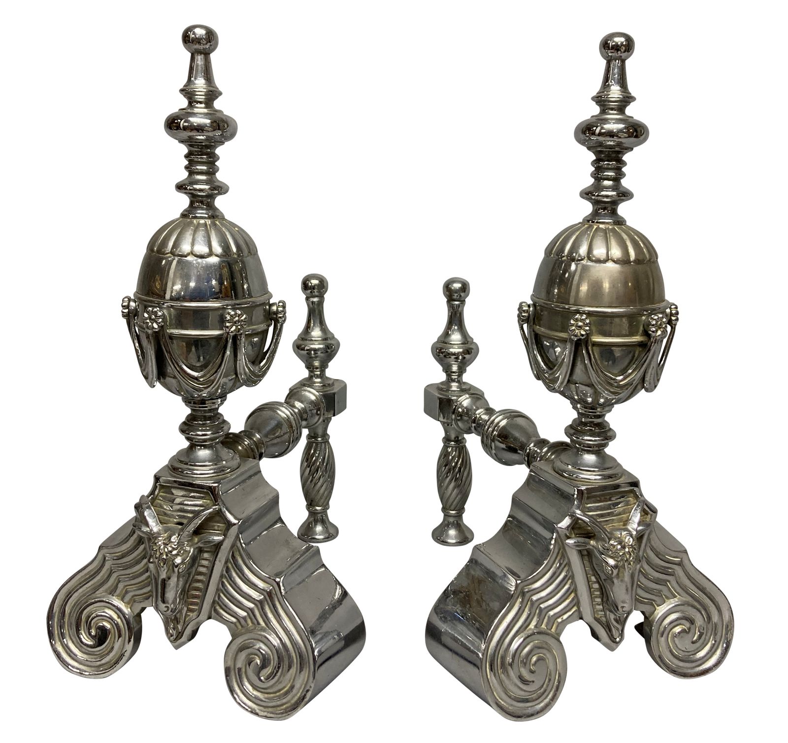 A Pair Of English Late XIX Century Polished Steel Fire Dogs