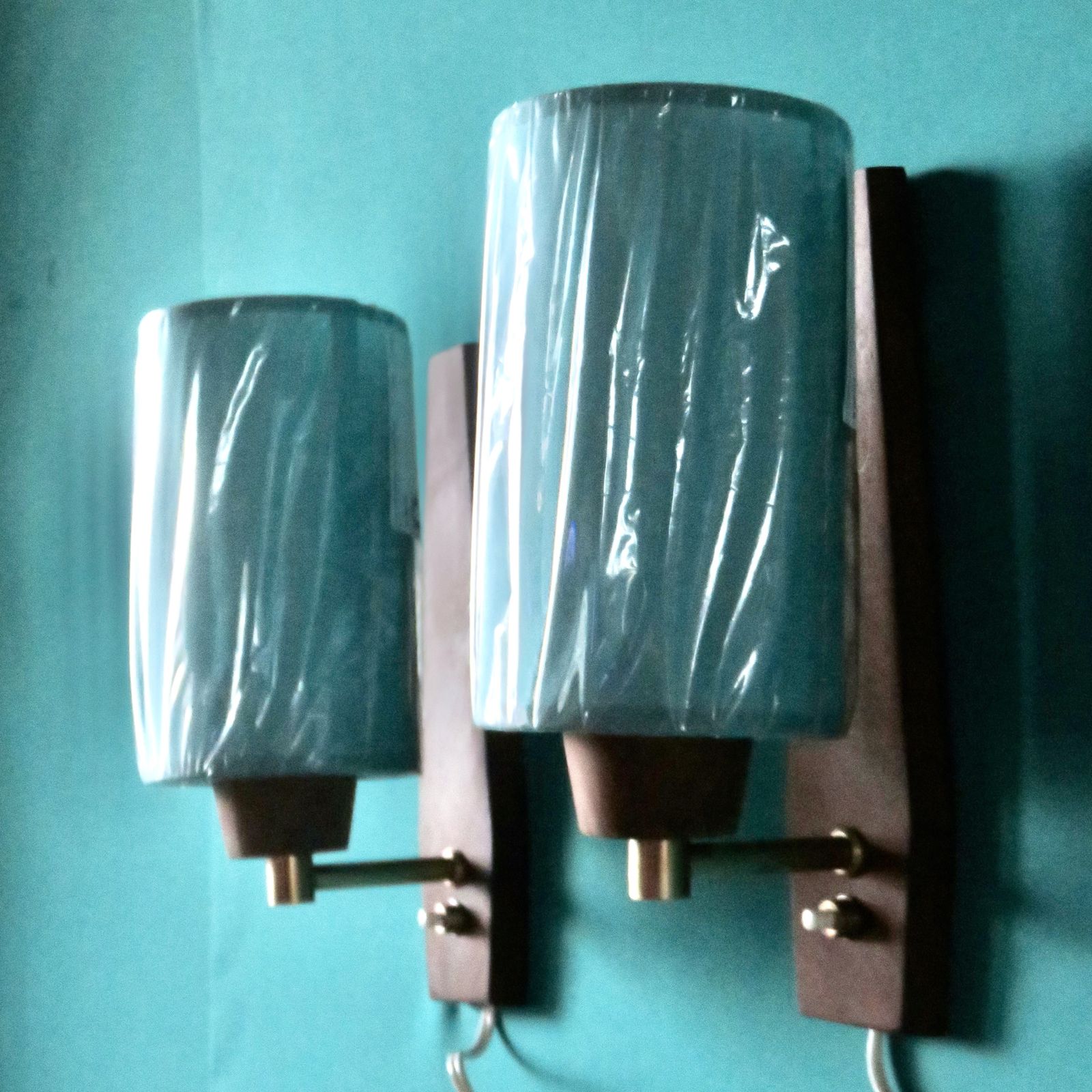 Pair Of “Vitrika” Rosewood Wall Lights, Turquoise Lampshade. Denmark 1960 photo furniture