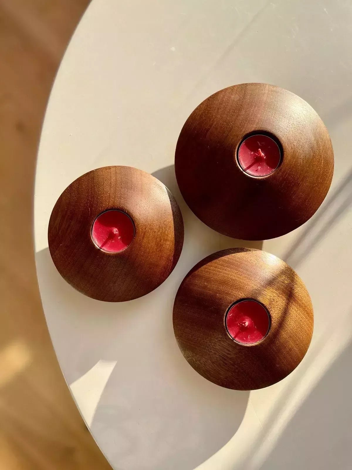 3 Retro Style Turned Mahogany Flying Saucer Tea Light Holders By Roy Hancock photo furniture