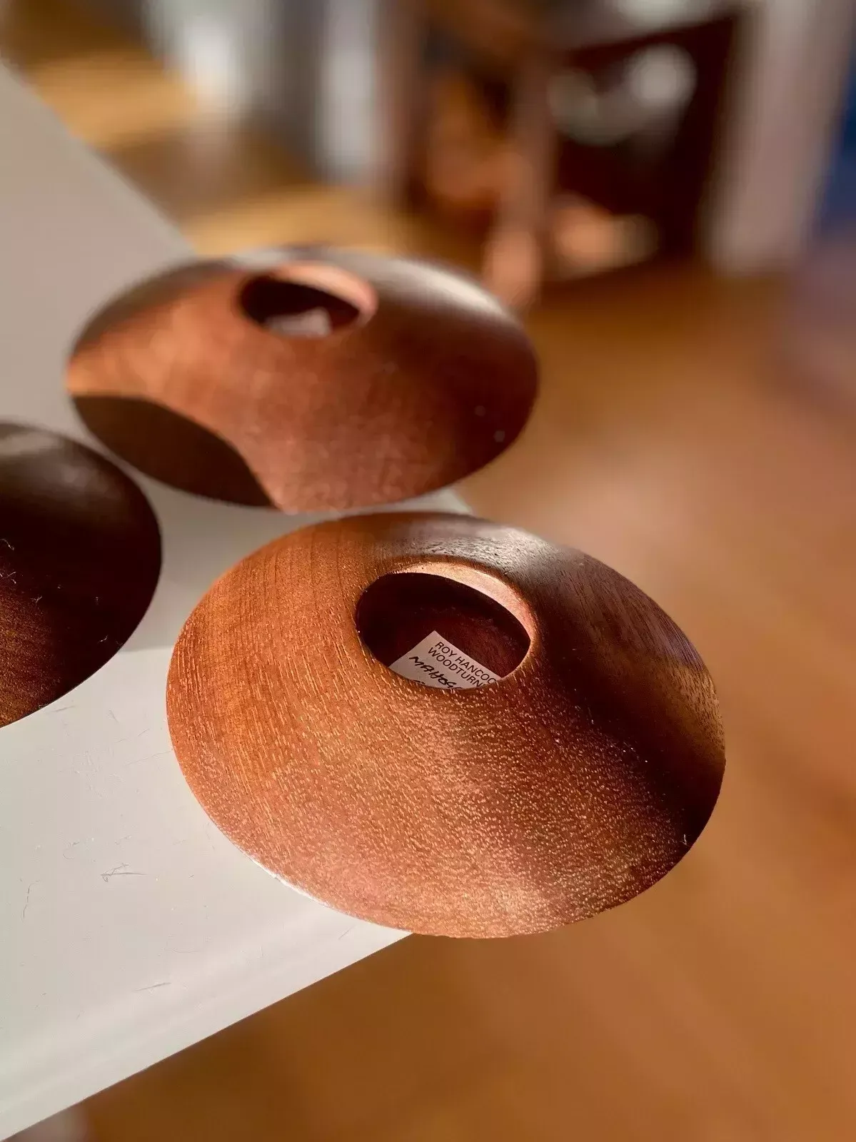3 Retro Style Turned Mahogany Flying Saucer Tea Light Holders By Roy Hancock photo vintage