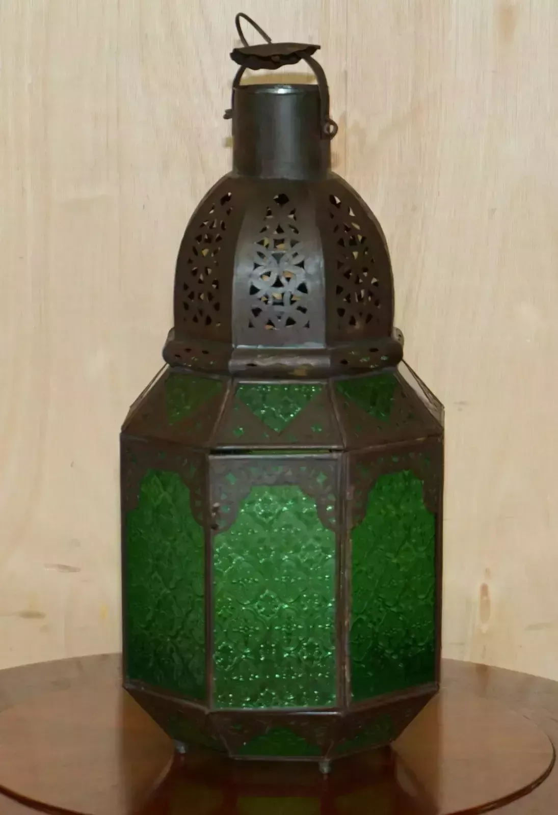 Antique Repousse Moroccan Bronzed Hanging Lantern Jade Green Glass Panels photo for sale