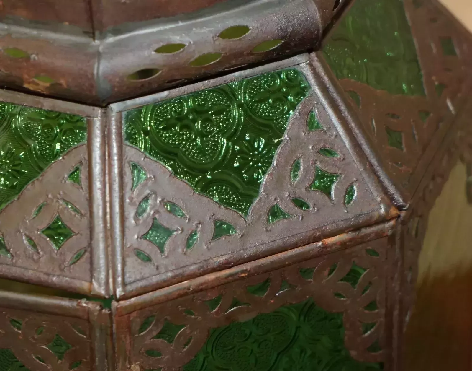 Antique Repousse Moroccan Bronzed Hanging Lantern Jade Green Glass Panels photo buy
