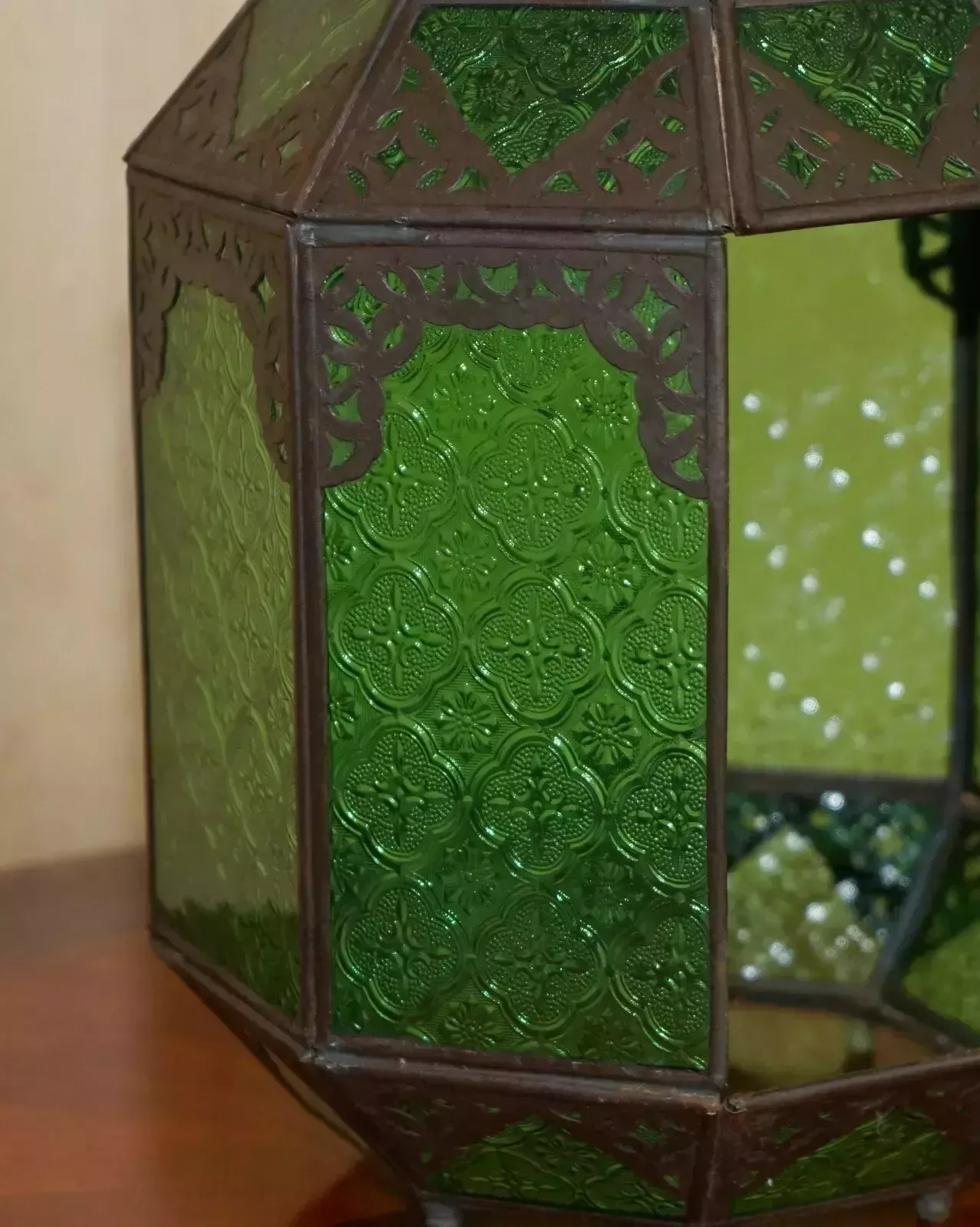 Lighting Antique Repousse Moroccan Bronzed Hanging Lantern Jade Green Glass Panels photo