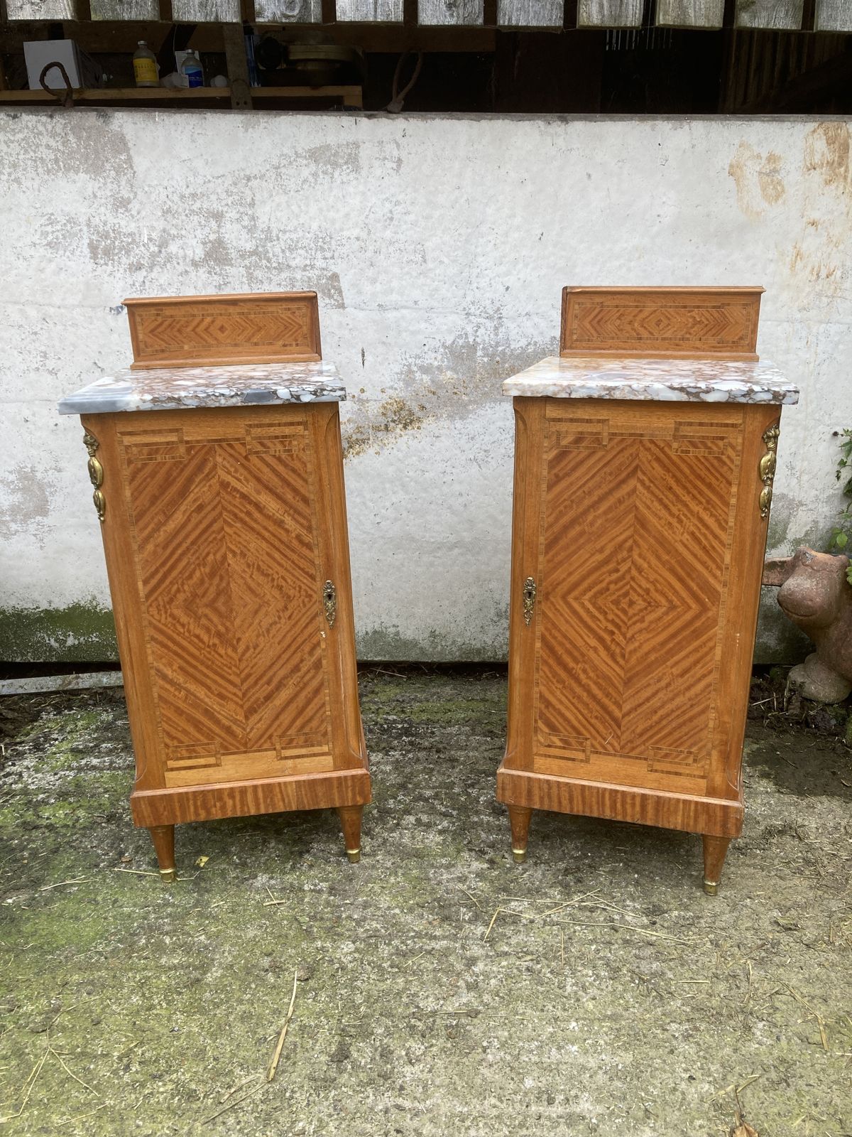 Pair Of Marble Top, Satinwood Bedside Cabinets
