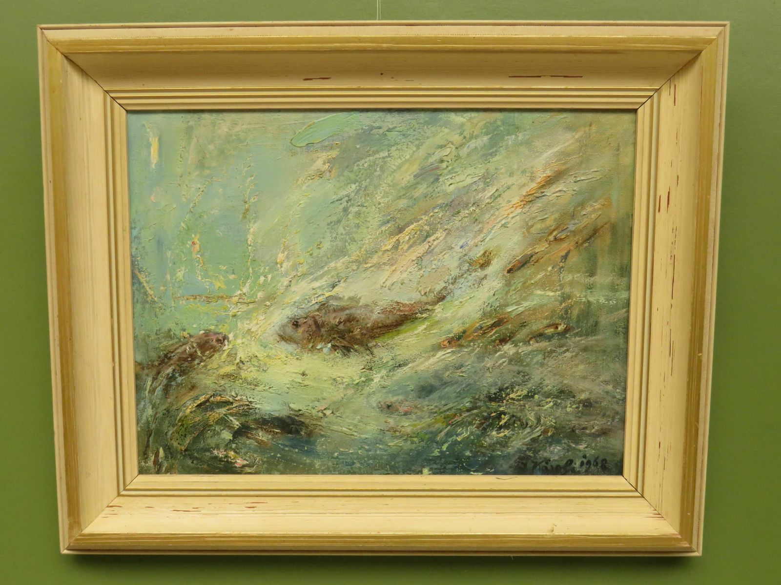 photo for sale Framed Oil On Board 'Fish' By Karolyi, Signed And Dated 1968